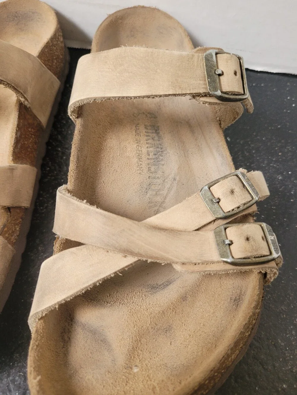 Birkenstock Neutral Beige Suede Buckle Slide Sandals
